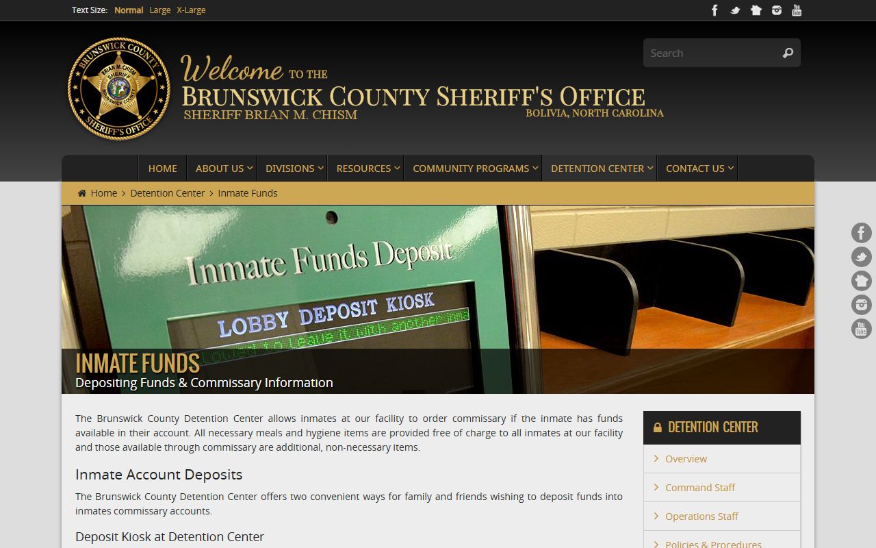 Brunswick County Detention Center commissary and deposit rules
