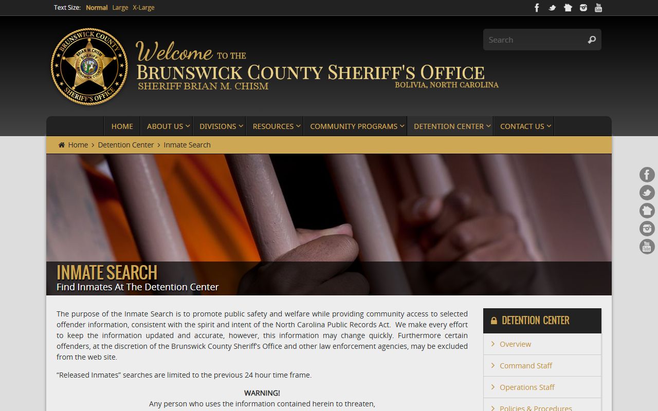 Brunswick County inmate records official jail roster warning page