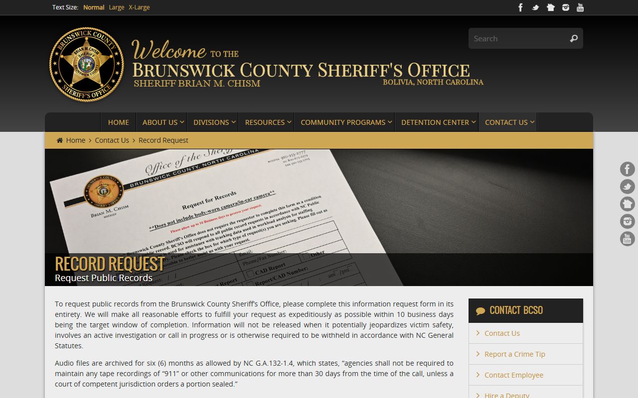 Brunswick County inmate population detention records request form