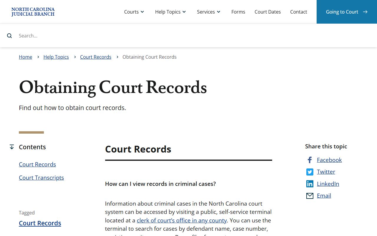 NC Courts instructions for court records access after a Brunswick County arrest